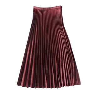 Pleated Long Satin Skirt Burgundy